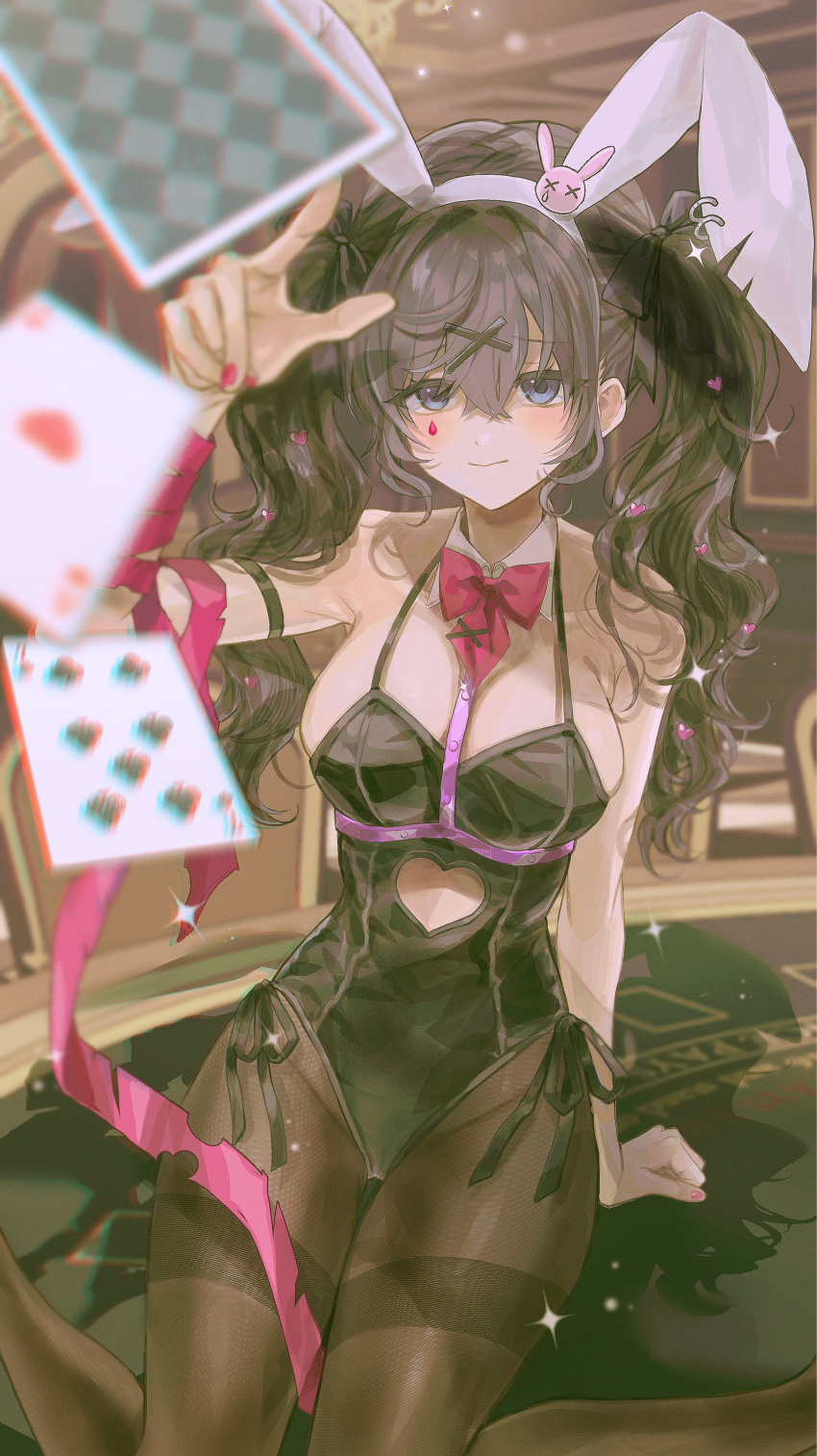1girl absurdres animal_ears arm_at_side arm_support asahina_mafuyu bare_shoulders black_bow black_leotard black_pantyhose blue_eyes blush bow bowtie breasts card casino closed_mouth clothing_cutout club_(shape) collarbone detached_collar dot_nose fake_animal_ears feet_out_of_frame hair_between_eyes hair_bow hair_ornament heart heart_cutout highleg highleg_leotard highres indoors large_breasts leotard looking_at_viewer mafuyusdil nail_polish on_table pantyhose pink_bow pink_bowtie pink_nails pink_ribbon playboy_bunny playing_card poker_table project_sekai purple_hair rabbit_ears ribbon shadow side-tie_leotard sitting smile solo stomach_cutout table teardrop_facial_mark thighband_pantyhose twintails wrist_ribbon x_hair_ornament