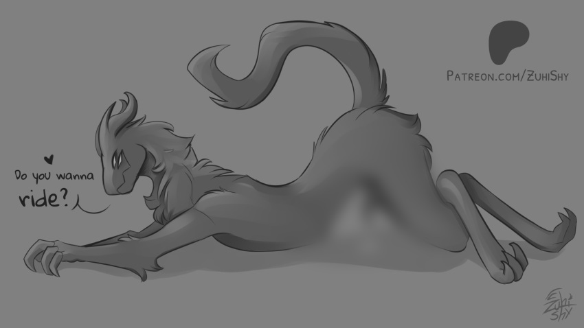 andromorph anthro big_claws blur_censorship censored censored_genitalia claws fluffy fluffy_butt grey_body greyscale hi_res horn intersex long_body long_neck monochrome monster multi_eye patreon sketch solo teratophilia text unknown_species url zuhifangs zuhishy