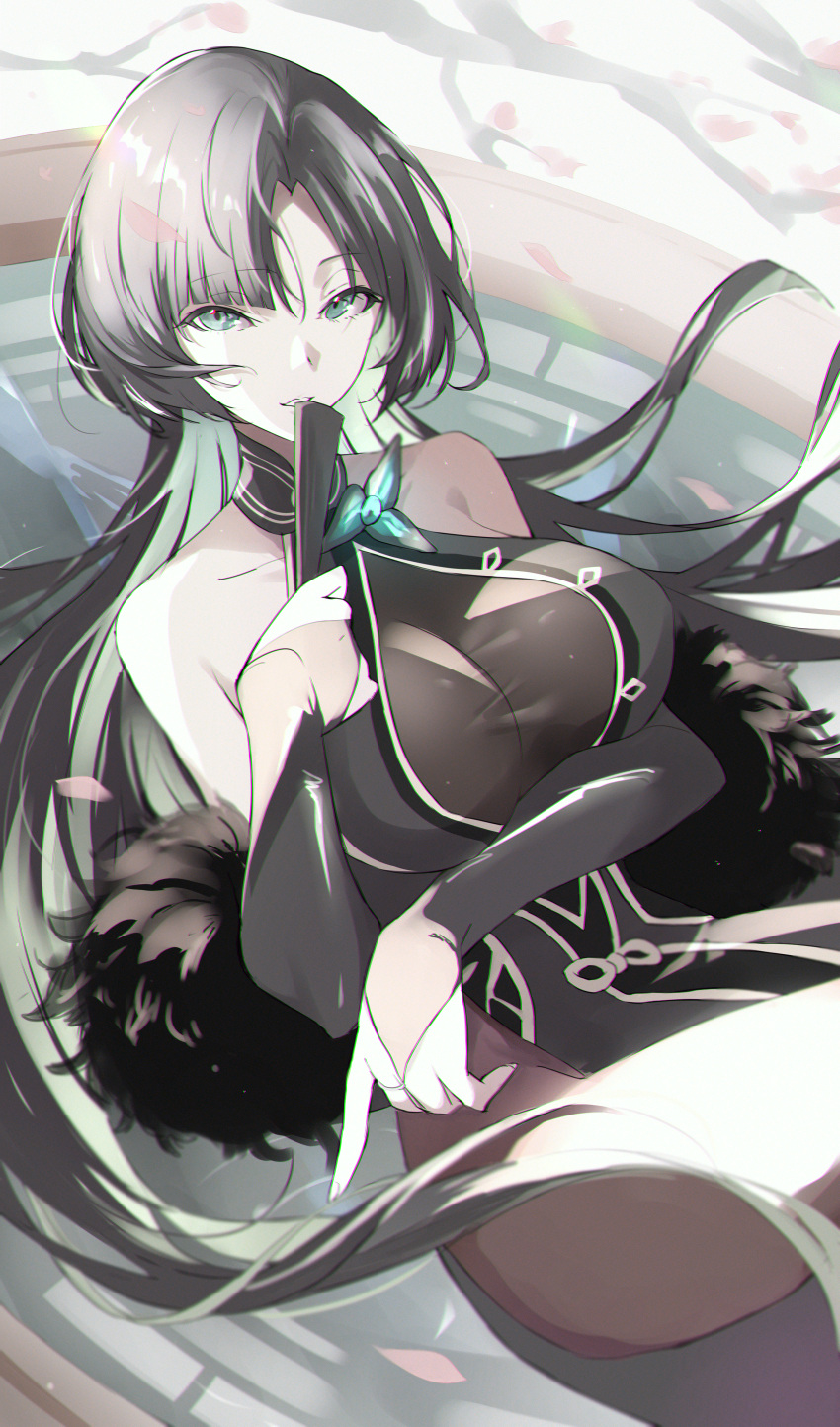 1girl absurdres azur_lane bare_shoulders black_hair breasts detached_sleeves folded_fan folding_fan green_eyes green_hair hand_fan highres large_breasts long_hair looking_at_viewer multicolored_hair neu_(musyoku-neet) pelvic_curtain see-through solo two-tone_hair very_long_hair