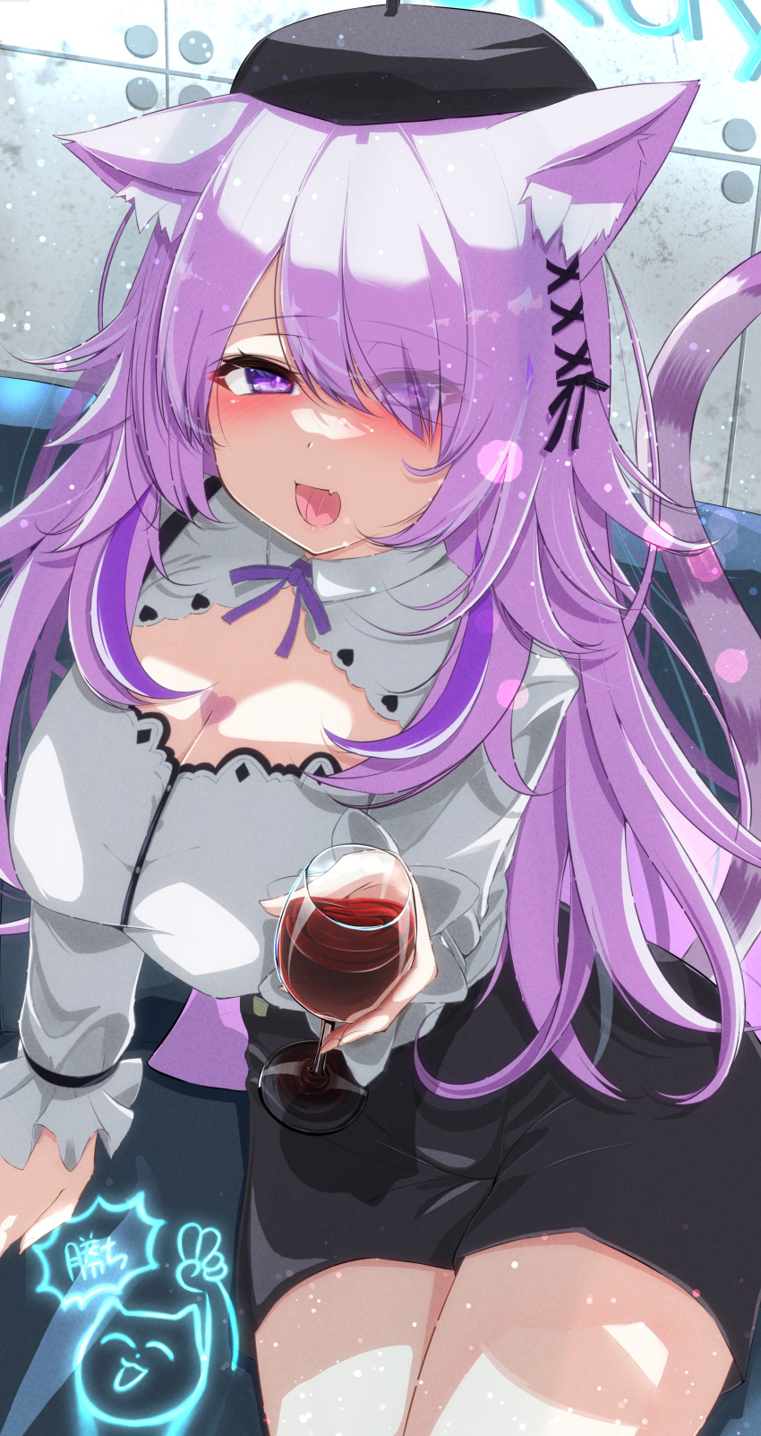 1girl absurdres alcohol animal_ear_fluff animal_ears beret black_headwear black_shorts blush breasts cat_ears cat_girl cat_tail cleavage cleavage_cutout clothing_cutout collared_shirt cup drinking_glass fang hair_over_one_eye hat highres hiro_(phese) holding holding_cup hololive large_breasts looking_at_viewer nekomata_okayu nekomata_okayu_(6th_costume) official_alternate_costume open_mouth purple_eyes purple_hair shirt shorts skin_fang smile solo suspender_shorts suspenders tail virtual_youtuber white_shirt wine wine_glass