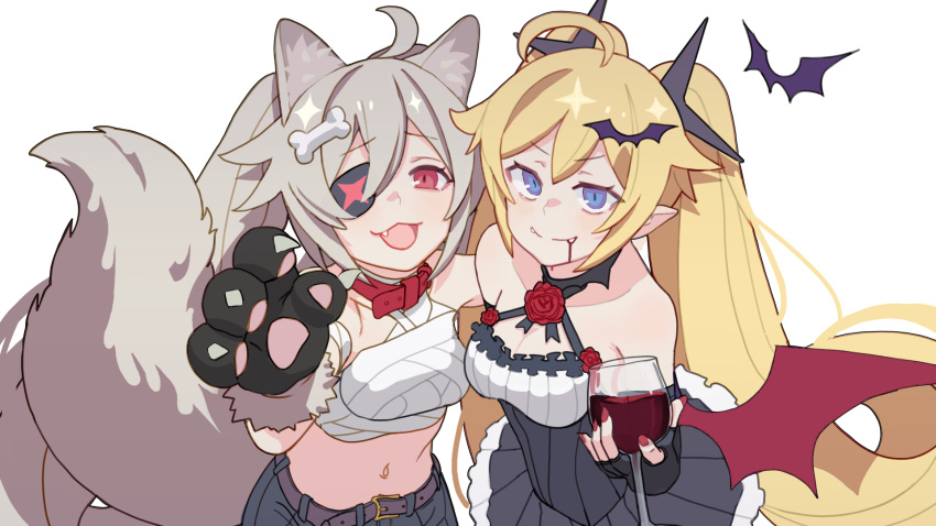 2girls alcohol animal_ear_fluff animal_ears animal_hands bandaged_chest bat_hair_ornament belt_collar black_dress blonde_hair blue_eyes breasts clear_(djmax) closed_mouth collar cup djmax djmax_respect dress drinking_glass eyepatch fail_(djmax) fang fangs fingerless_gloves flower gloves grey_hair grey_tail hair_ornament halloween_costume halterneck highres large_tail long_hair looking_at_viewer multiple_girls navel open_mouth paw_gloves pointy_ears red_eyes red_flower red_nails red_rose rose shorts simple_background small_breasts smile tail upper_body vampire_costume werewolf_costume white_background wine wine_glass zorago