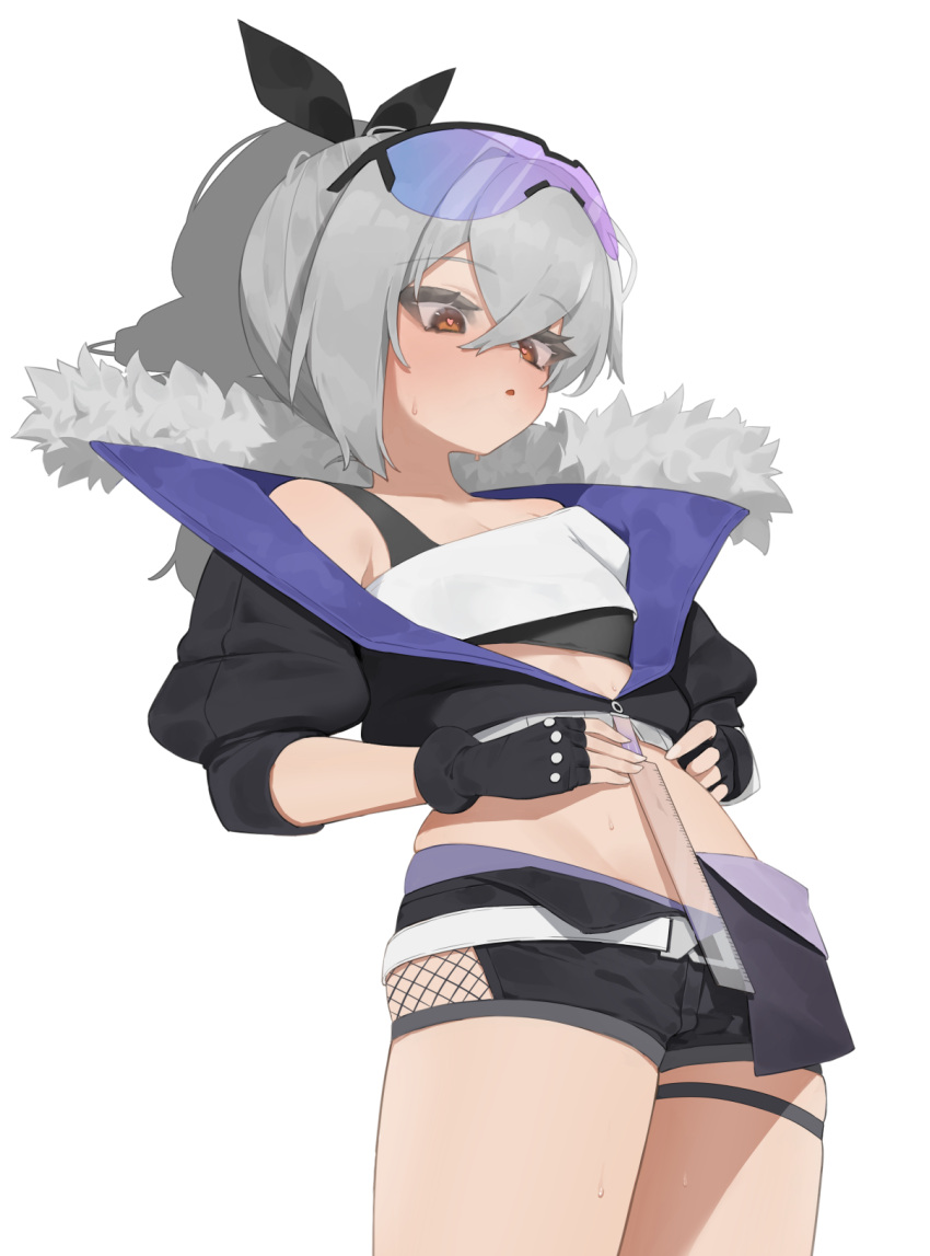 1girl black_jacket black_shorts breasts cowboy_shot cropped_jacket crossed_bangs eyewear_on_head fingerless_gloves flasso fur-trimmed_jacket fur_trim gloves goggles goggles_on_head gradient-tinted_eyewear grey_hair hair_ribbon heart heart-shaped_pupils highres holding_ruler honkai:_star_rail honkai_(series) jacket midriff open_mouth orange_eyes penis_measuring purple-tinted_eyewear ribbon shadow shirt short_shorts shorts silver_wolf_(honkai:_star_rail) simple_background single-shoulder_shirt small_breasts solo sweat sweatdrop symbol-shaped_pupils tinted_eyewear white_background