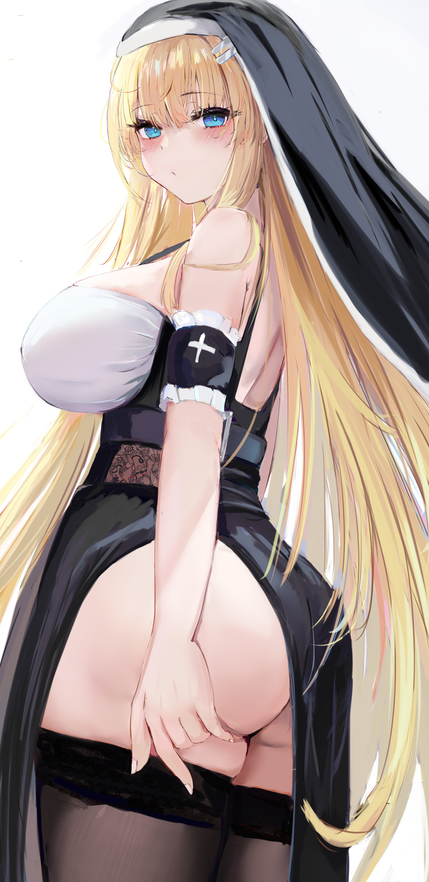 1girl :/ absurdres arm_at_side arm_garter ass ass_support black_dress black_thighhighs blonde_hair blue_eyes blush breasts bright_pupils closed_mouth coif commentary_request cross dress fingernails from_side hair_between_eyes hair_ornament hairclip hand_on_own_ass highres large_breasts long_fingernails long_hair looking_at_viewer lshiki nun original side_slit simple_background solo thighhighs turning_head very_long_hair white_background white_pupils