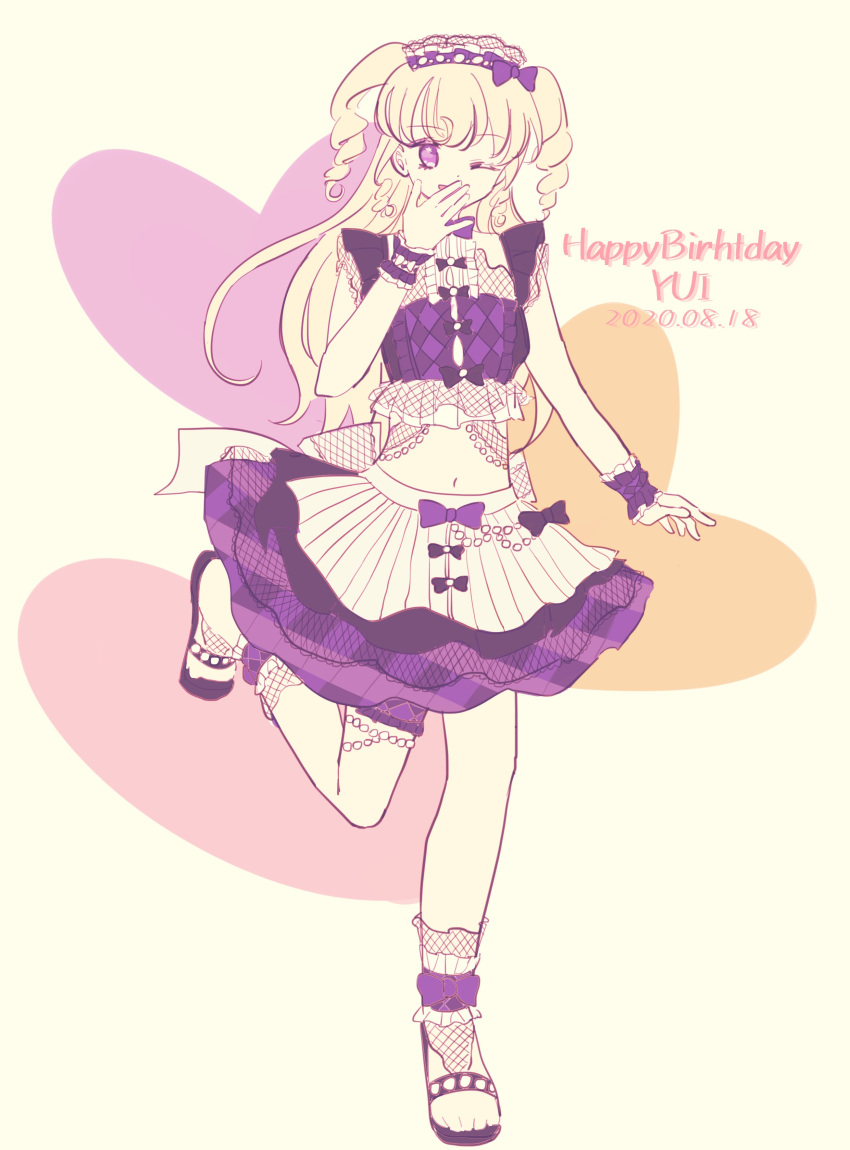 1girl :d ;d absurdres apron argyle argyle_bow argyle_skirt back_bow black_bow black_skirt blonde_hair bow bow_choker choker crop_top frilled_apron frilled_cuffs frilled_skirt frills hair_bow hand_to_own_mouth hands_up happy_birthday heart heart_background highres hutaba_0718 idol idol_time_pripara large_bow long_hair looking_at_viewer maid maid_headdress midriff multicolored_clothes multicolored_skirt navel one_eye_closed open_mouth pretty_series pripara pripara_(series) purple_bow purple_choker purple_eyes purple_skirt sandals shiny_skin signature skirt smile solo standing standing_on_one_leg summer_maid_coord two_side_up unconventional_maid waist_apron white_apron wrist_cuffs yumekawa_yui