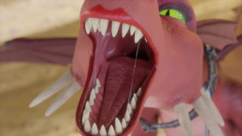 16:9 3d_(artwork) azerta56 bodily_fluids digital_media_(artwork) dragon dragon_(shrek) dreamworks eyelashes female feral green_eyes hi_res lipstick makeup mouth_shot open_mouth quadruped red_body saliva saliva_string scales scalie shrek_(series) solo teeth throat tongue widescreen