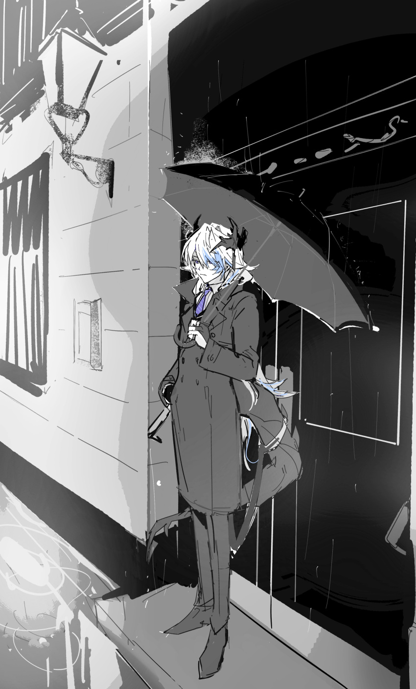 1boy :| absurdres arknights blue_hair building closed_mouth coat collared_shirt door dragon_boy dragon_horns dragon_tail expressionless fingerless_gloves full_body gloves greyscale hand_in_pocket highres holding holding_umbrella horns kaninn long_hair male_focus monochrome multicolored_hair necktie pants purple_eyes purple_necktie puzzle_(arknights) rain shirt shoes sketch solo spot_color standing streaked_hair tail trench_coat umbrella white_hair