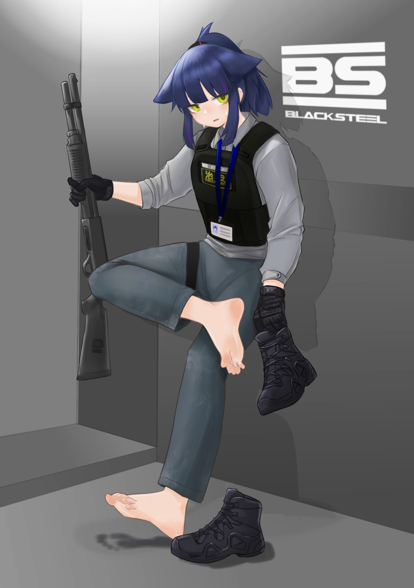 1girl absurdres against_wall arknights barefoot blue_hair feet foot_focus gloves gun highres jessica_(arknights) open_mouth pants panzi_panzer removing_shoes shoes shotgun soles solo sweat toes unworn_shoes weapon yellow_eyes