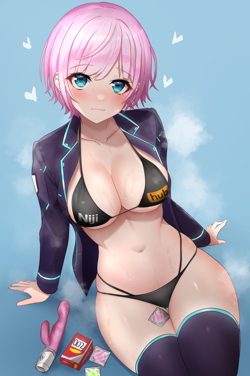 1girl absurdres arm_support bikini black_bikini blue_background blue_eyes blush brand_name_imitation breasts closed_mouth condom condom_box condom_wrapper dildo head_tilt heart highleg highleg_bikini highres hukahire113 jacket large_breasts light_smile looking_at_viewer meme micro_bikini multi-strapped_bikini_bottom navel nijihub_(meme) nijisanji nose_blush okamoto_condoms open_clothes open_jacket pink_hair purple_jacket purple_thighhighs sex_toy short_hair sitting skindentation smile solo steaming_body string_bikini sweat swimsuit thighhighs virtual_youtuber yuuhi_riri yuuhi_riri_(1st_costume)