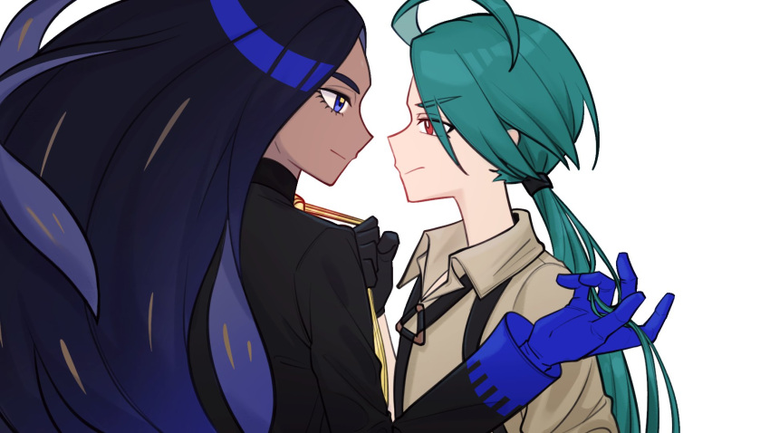 2girls ahoge black_hair black_jacket bright_pupils closed_mouth collared_shirt commentary_request dark-skinned_female dark_skin from_side geeta_(pokemon) gloves green_hair hand_up highres jacket long_hair long_sleeves looking_at_another molingxiang_chimangguo multiple_girls neck_ribbon pokemon pokemon_sv red_eyes ribbon rika_(pokemon) shirt simple_background suspenders upper_body white_background white_pupils yellow_ribbon