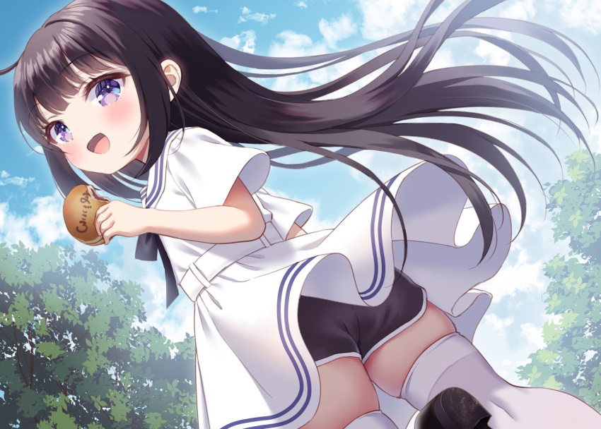 1girl :d ass black_bow black_hair black_shorts blue_sky bow chitosezaka_suzu cloud cloudy_sky commentary_request commission day dress food highres holding holding_food long_hair looking_at_viewer looking_back original outdoors purple_eyes sailor_collar sailor_dress shorts shorts_under_dress skeb_commission skindentation sky smile solo thighhighs upskirt very_long_hair white_dress white_sailor_collar white_thighhighs