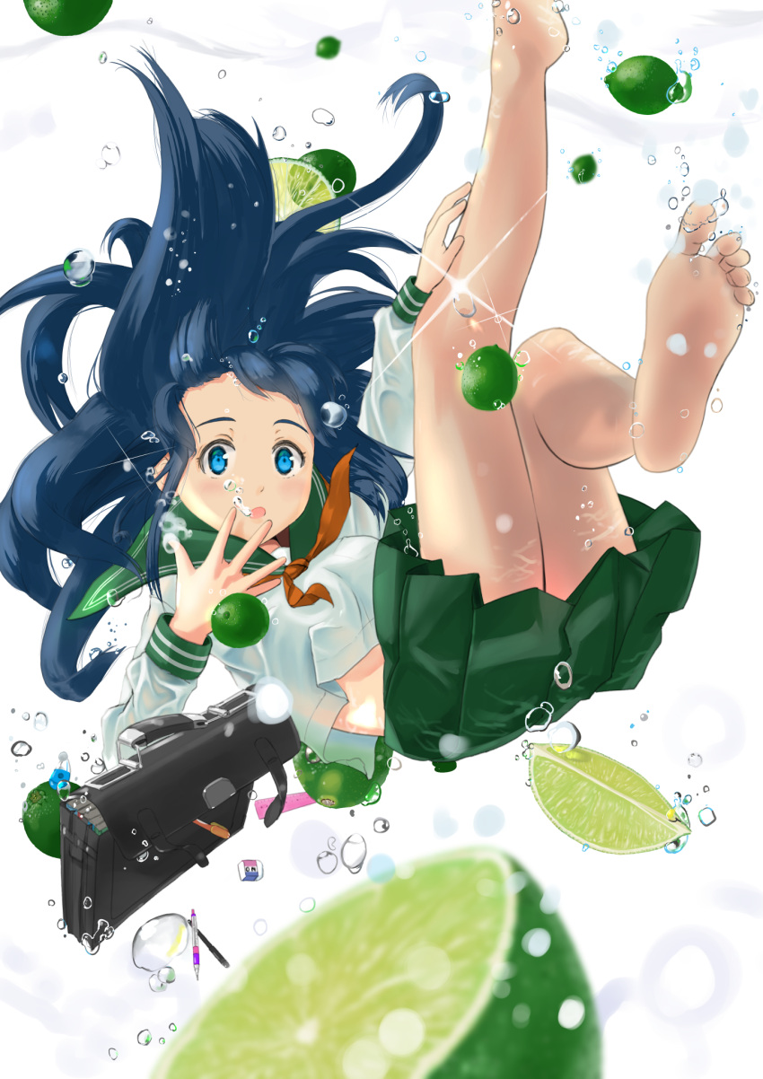 1girl :o air_bubble arm_up bag bare_legs barefoot blue_eyes blue_hair blurry blurry_foreground breasts bubble eraser floating_hair food fruit green_sailor_collar green_skirt highres lime_(fruit) lime_slice long_hair long_sleeves looking_at_viewer mechanical_pencil neckerchief nekokan open_hand orange_neckerchief original pen pencil pleated_skirt sailor_collar school_bag school_uniform serafuku skirt soles solo toes underwater uniform white_background white_serafuku