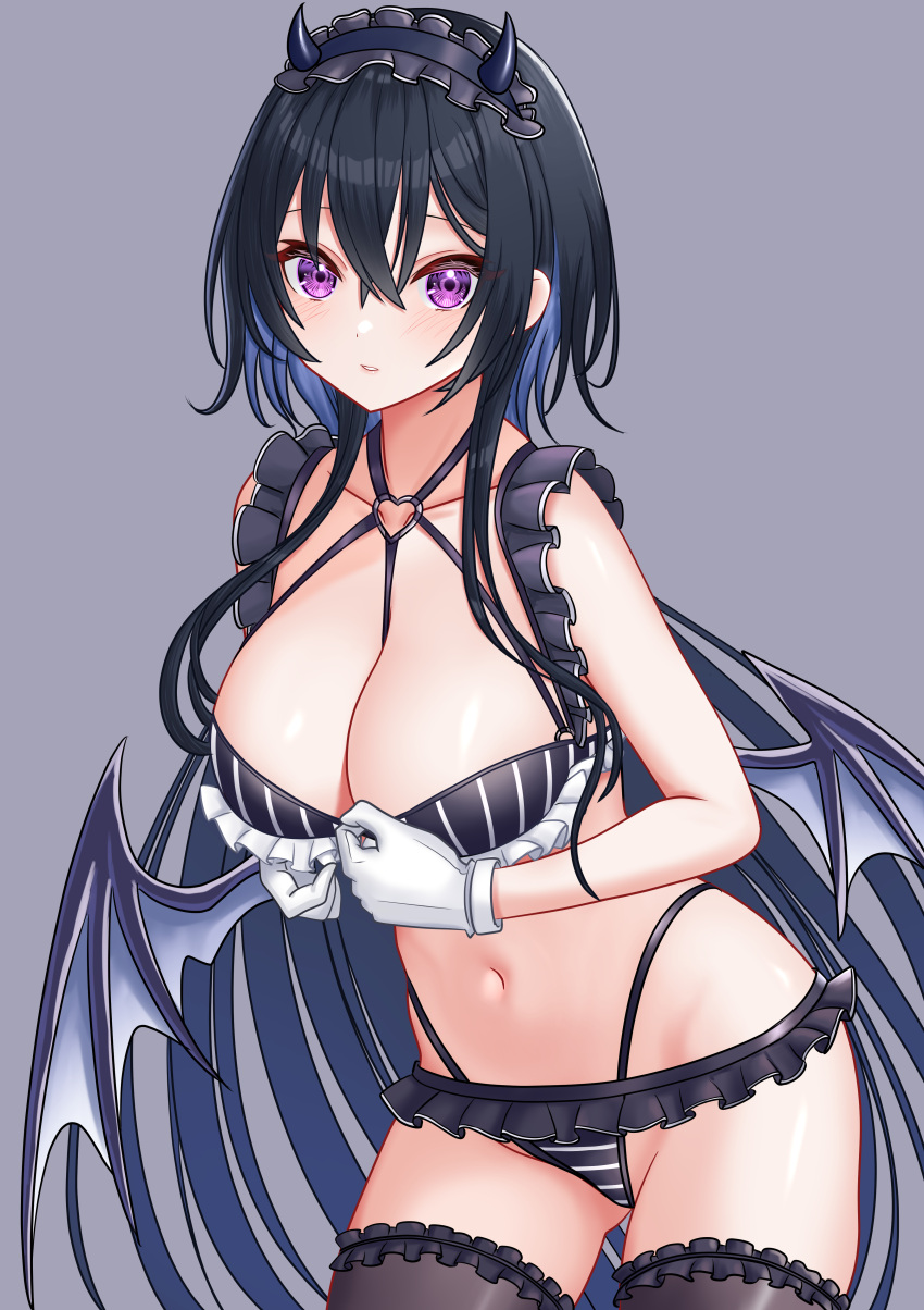 1girl absurdres alternate_breast_size bikini black_bikini black_hair black_horns black_thighhighs blue_hair breasts chest_harness colored_inner_hair demon_girl demon_horns demon_tail demon_wings frilled_bikini frilled_gloves frilled_thighhighs frills gloves grey_background grey_wings hairband harness haruo860 heart_o-ring highleg highleg_bikini highres horns ichinose_uruha large_breasts lolita_hairband long_hair looking_at_viewer low_wings multi-strapped_bikini_bottom multicolored_hair navel o-ring parted_lips purple_eyes simple_background solo string_bikini striped_bikini striped_clothes swimsuit tail thighhighs vertical-striped_bikini vertical-striped_clothes very_long_hair virtual_youtuber vspo! white_gloves wings
