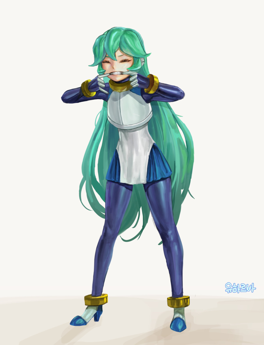 1girl absurdres artist_request black_bodysuit bodysuit closed_eyes dress finger_in_own_mouth freckleliliofe green_hair highres long_hair mega_man_(series) mega_man_zx mouth_pull pandora_(mega_man) robot_ears robot_girl solo