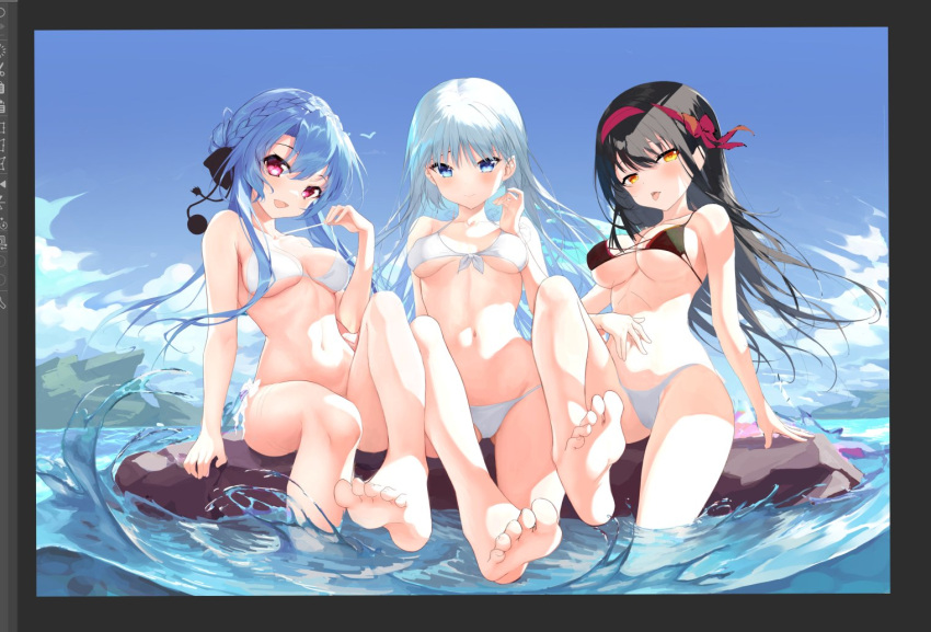 3girls :d alternate_costume arm_at_side bare_shoulders barefoot bikini bikini_top_pull black_bikini black_hair black_ribbon blue_eyes blue_hair blue_sky blush bow braid breasts breasts_apart closed_mouth collarbone commentary crown_braid curvy day feet floating_hair foot_focus foot_out_of_frame groin hair_between_eyes hair_bow hair_bun hair_ribbon hairband haku89 halterneck hand_on_own_stomach hand_up knee_up kushima_kamome large_breasts long_hair looking_at_viewer medium_breasts midriff multiple_girls naruse_shiroha navel open_mouth outdoors presenting_foot pulled_by_self red_bow red_eyes red_hairband ribbon rock side-by-side sidelocks single_hair_bun sitting sky smile soaking_feet soles sorakado_ao stomach straight_hair summer_pockets swimsuit thighs toes tongue tongue_out tsurime very_long_hair water white_bikini white_hair wind yellow_eyes