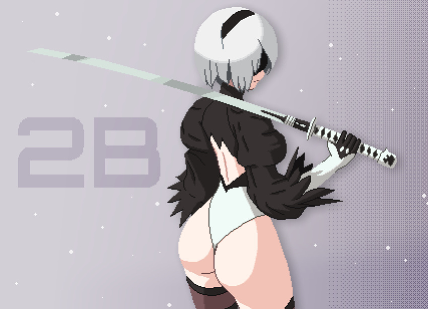 1girl 2b_(nier:automata) ass back_cutout black_blindfold black_hairband blindfold character_name closed_mouth clothing_cutout gloves grey_background hairband highleg highleg_leotard highres holding holding_sword holding_weapon juliet_sleeves leotard long_sleeves nier:automata nier_(series) pixel_art puffy_sleeves seiko093 short_hair solo sword thighhighs weapon white_hair white_leotard