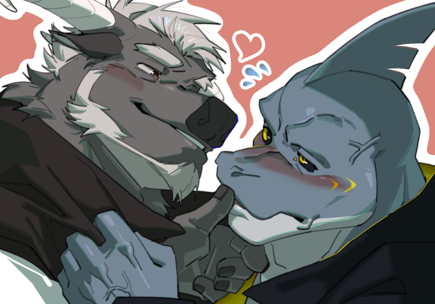 2boys anger_vein animal_ears bara beard black_sclera colored_sclera couple cow_ears cow_horns eye_contact facial_hair finger_to_another's_mouth flying_sweatdrops from_side full_beard furry furry_male furry_with_furry heart highres horns looking_at_another male_focus mature_male minotaur multiple_boys original pink_background profile sanpaku seductive_smile shark_boy short_hair smile thick_beard thick_eyebrows tsundere tsurime veiny_face whowoe yaoi