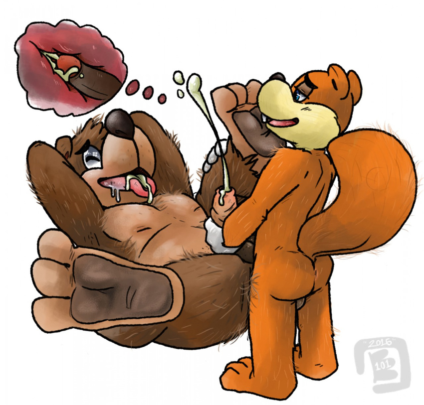 anal anal_penetration anthro anus backsack balls banjo-kazooie banjo_(banjo-kazooie) bear blue_eyes bowserboy101 brown_fur butt conker conker's_bad_fur_day cum cum_in_foreskin cum_in_mouth cum_inside cum_on_face cumshot duo erection fur hair internal male male/male mammal nude open_mouth orgasm penetration penis sex simple_background size_difference video_games