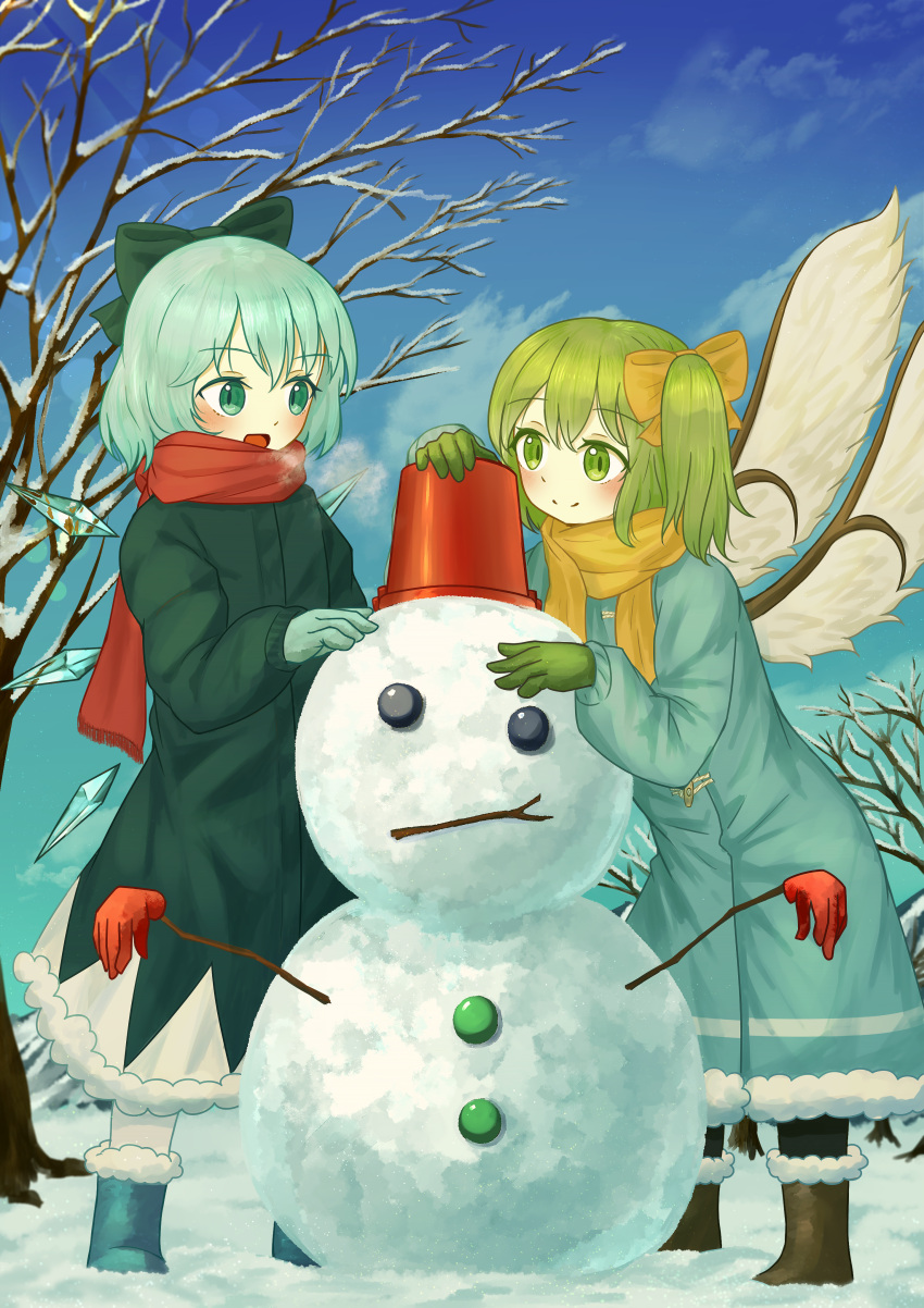 absurdres aqua_coat bare_tree blue_bow blue_coat blue_dress blue_eyes blue_hair blue_sky bow cirno cloud coat daiyousei detached_wings dress ekaapetto fairy fairy_wings frozen green_hair hair_bow highres holding_snowman ice ice_wings red_scarf scarf side_ponytail sky snow snowing snowman touhou tree wings winter winter_clothes winter_coat yellow_bow yellow_scarf