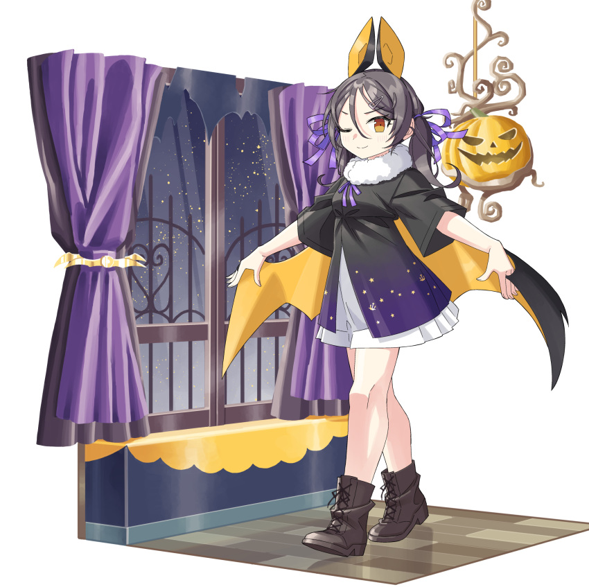 1girl animal_ears bat_ears bat_wings black_hair boots brown_eyes brown_footwear fake_animal_ears fake_wings hair_between_eyes hair_ornament hair_ribbon hairclip halloween_costume highres inagi_(kancolle) kantai_collection kazh_(kazu) long_hair official_alternate_costume one_eye_closed purple_ribbon ribbon smile solo twintails window wings