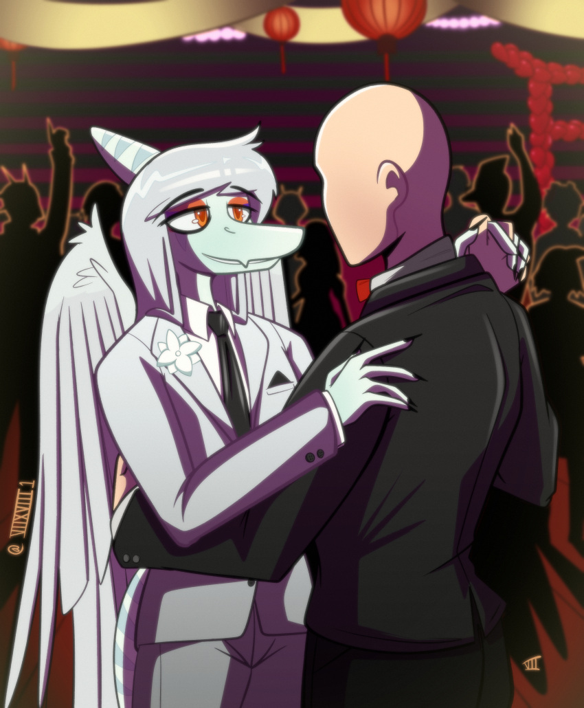 2024 5_fingers absurd_res amber_eyes anon_(snoot_game) anthro artist_name bald black_tie_(suit) claws clothing crossgender dancing detailed_background digital_drawing_(artwork) digital_media_(artwork) dinosaur duo fang_(gvh) feathered_wings feathers finger_claws fingers ftm_crossgender goodbye_volcano_high grey_body grey_scales hair hand_holding hi_res high_school human inside light-skinned_male light_body light_skin long_hair male male/male mammal necktie prom pterodactylus pterosaur reptile scales scalie school seven_(artist) signature silver_hair smile snoot_game snout suit wings