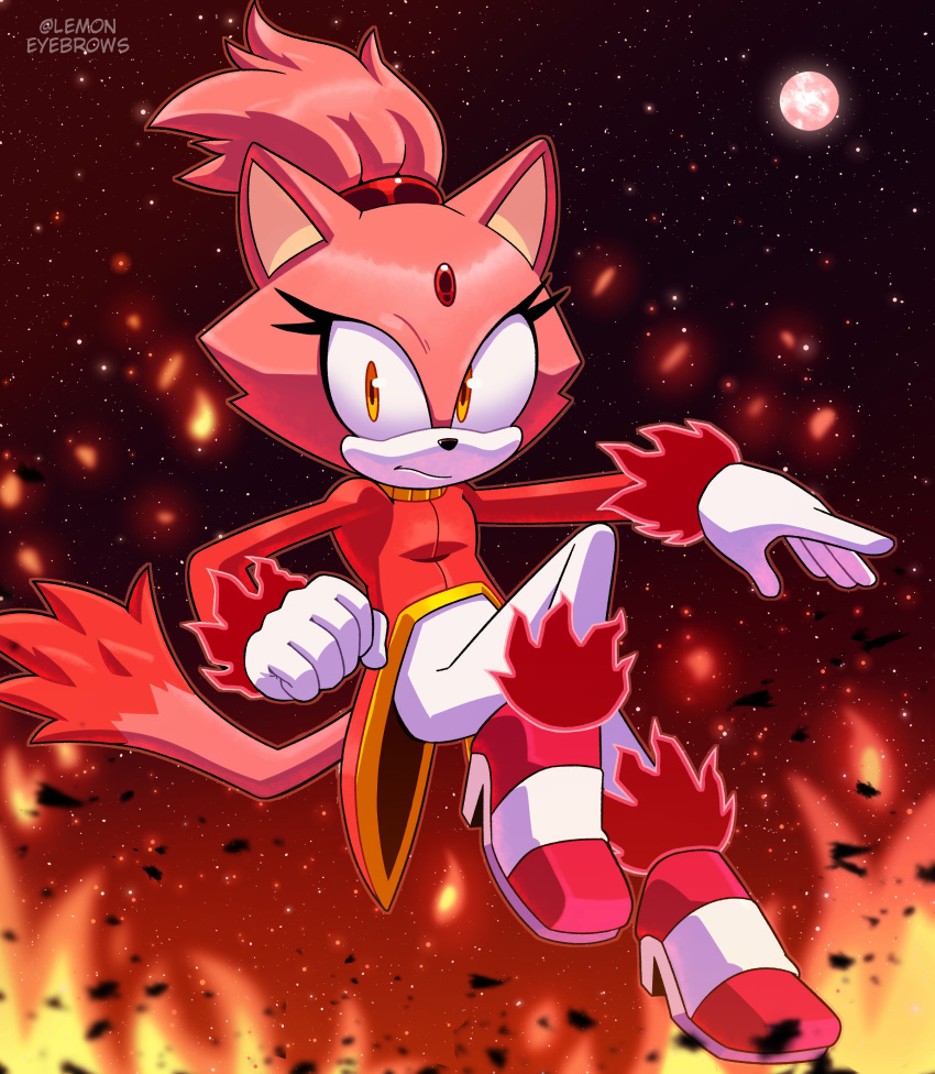1girl absurdres animal_ears blaze_the_cat burning_blaze cat_ears cat_girl cat_tail embers fire forehead_jewel furry furry_female gloves highres jacket lemon_eyebrows looking_at_viewer pink_footwear pink_fur ponytail red_jacket sonic_(series) tail white_gloves yellow_eyes