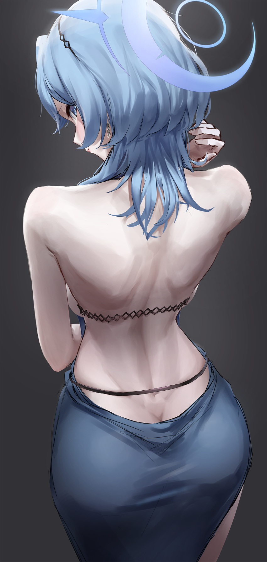 1girl absurdres ako_(blue_archive) ako_(dress)_(blue_archive) back backboob backless_dress backless_outfit bare_shoulders blue_archive blue_dress blue_eyes blue_hair breasts closed_mouth dress earrings from_behind hairband halo hand_up highres jewelry large_breasts looking_back medium_hair monegi shoulder_blades solo