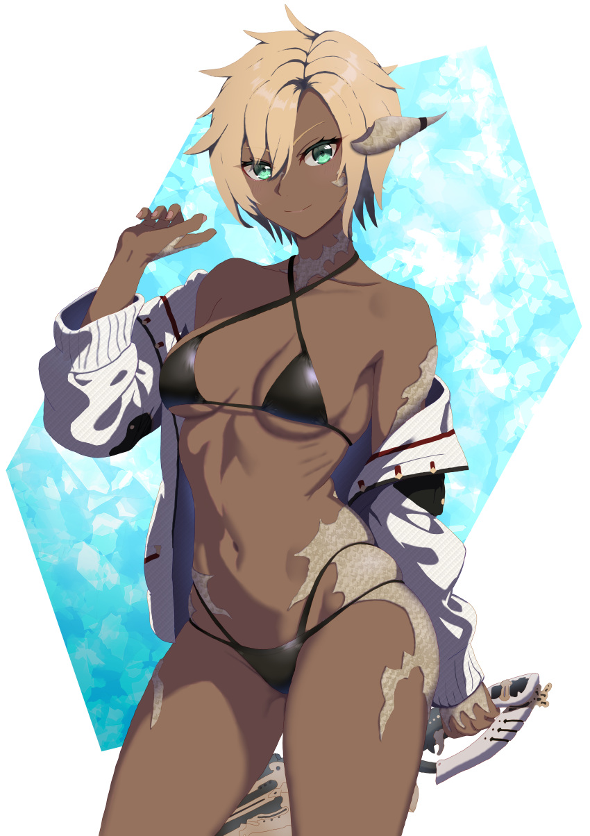 1girl absurdres au_ra bikini black_bikini blonde_hair breasts closed_mouth commission curio_(curiofinity) dark_skin dragon_horns eyebrows_hidden_by_hair feet_out_of_frame final_fantasy final_fantasy_xiv green_eyes hair_between_eyes highres holding holding_weapon horns looking_at_viewer nail_polish navel off-shoulder_shirt off_shoulder scales shirt short_hair simple_background skeb_commission small_breasts smile solo stomach swimsuit tan warrior_of_light_(ff14) weapon