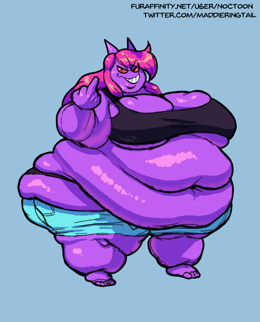 anthro belly big_belly big_breasts blue_background bottomwear breasts cleavage clothed clothing female full-length_portrait fupa generation_1_pokemon gengar gesture grin hair hi_res huge_breasts long_hair mammal middle_finger midriff morbidly_obese morbidly_obese_anthro morbidly_obese_female navel nintendo noctoon obese obese_anthro obese_female overweight overweight_anthro overweight_female pink_hair pokemon pokemon_(species) portrait purple_body red_eyes shadie_(noctoon) shirt shorts simple_background smile solo tank_top text topwear url