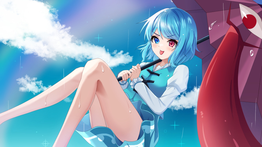 &gt;:) 1girl :p blue_eyes blue_hair blue_skirt blue_vest blush cloud commentary day feet_out_of_frame heterochromia highres holding holding_umbrella juliet_sleeves kisara_keyy knees_together_feet_apart long_sleeves looking_at_viewer outdoors parted_bangs puffy_sleeves purple_umbrella rain rainbow red_eyes shirt short_hair skirt solo sparkle tatara_kogasa thighs tongue tongue_out touhou umbrella v-shaped_eyebrows vest water_drop wet wet_hair white_shirt