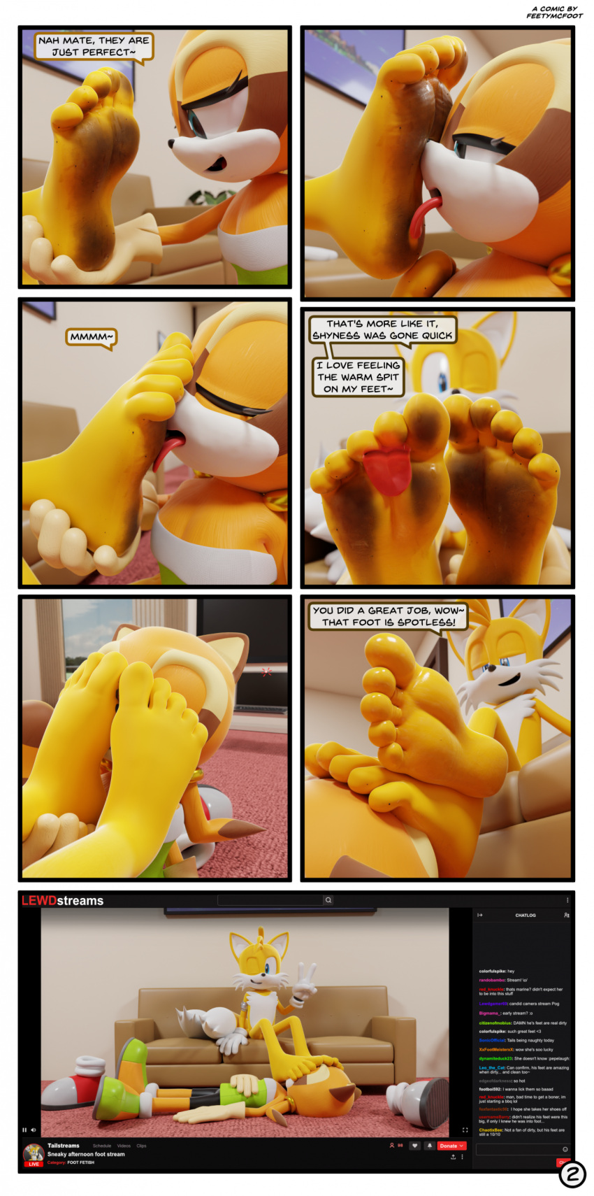 3d_(artwork) 3drender absurd_res accent anthro australian barefoot big_feet cleaning cleaning_feet comic dialogue digital_media_(artwork) dirty_feet dominant dominant_male duo feet feetymcfoot female female_licking_male female_on_bottom first_person_view foot_fetish foot_focus foot_lick foot_on_face foot_play footwear_removed hi_res humanoid_feet humiliation inside licking livestream livestreaming male male/female male_feet male_on_top marine_the_racoon miles_prower on_bottom on_top paws plantigrade presenting public public_humiliation ruined_reputation sega shoe_removal soles sonic_the_hedgehog_(series) submissive submissive_female submissive_pov toes tongue tongue_bath tongue_on_foot tongue_out