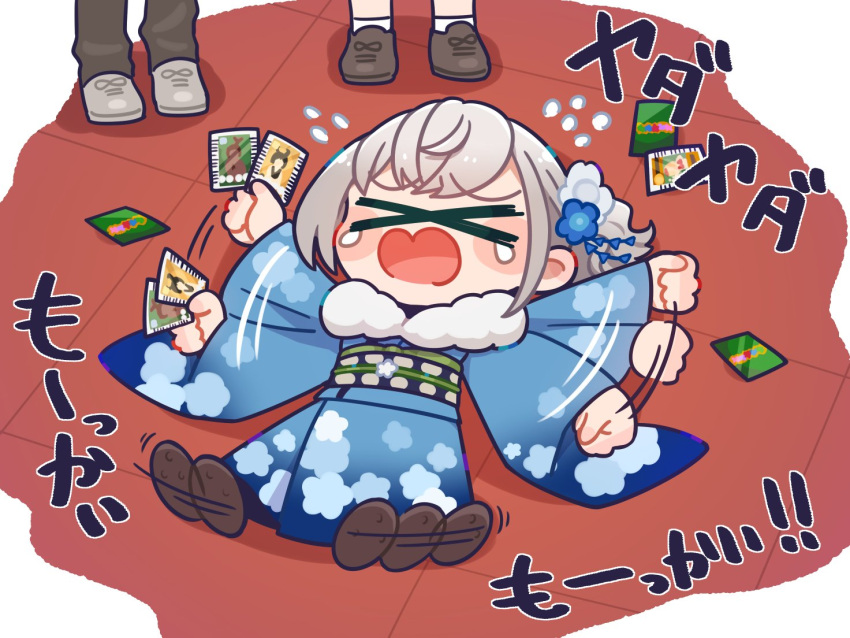 &gt;_&lt; 1other 2girls blue_flower blue_kimono blush_stickers brown_footwear brown_pants chibi crying flailing floral_print_kimono flower flying_teardrops fur_scarf furisode grey_footwear grey_hair hair_flower hair_ornament hololive japanese_clothes kanoko_23 kanzashi kimono lying motion_lines multiple_girls obi obiage official_alternate_costume official_alternate_hairstyle on_floor open_mouth out_of_frame pants postcard print_kimono sash scarf shirogane_noel shirogane_noel_(new_year) socks standing tantrum tears tile_floor tiles translation_request virtual_youtuber white_flower white_scarf white_socks