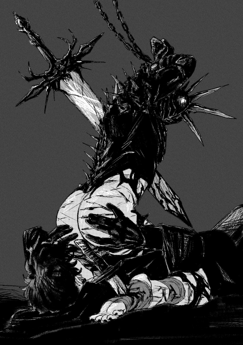 2boys absurdres anilingus arms_up ass bara bleeding blood blood_on_weapon chain check_copyright copyright_request cuts facing_another fake_horns greyscale guro helmet highres horned_helmet horns huge_weapon impaled injury interspecies male_focus monochrome multiple_boys original short_hair smokerichi spikes stab straddling sword weapon yaoi