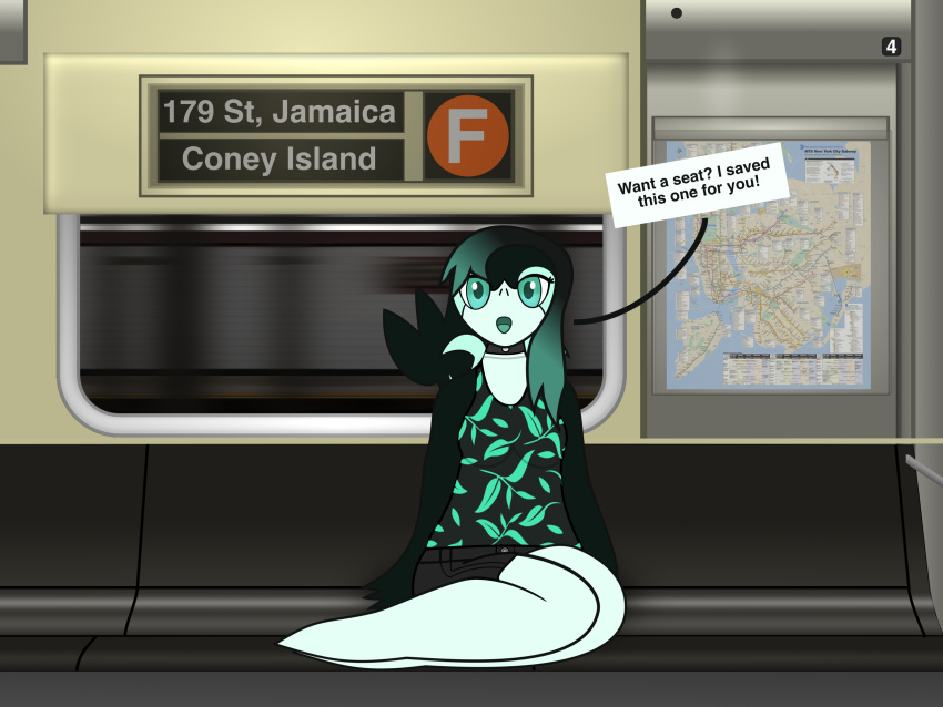 2024 4:3 anthro bottomwear breasts choker clothed clothing colored dialogue digital_drawing_(artwork) digital_media_(artwork) english_text female generation_5_pokemon green_body green_eyes green_hair hair hi_res inside jewelry looking_at_viewer necklace new_york_city nintendo pokemon pokemon_(species) public public_transportation rapid_transit scalie shirt shorts sitting snivy solo spearmint_(spearmintserpent) spearmintserpent subway subway_map tail talking_to_viewer tank_top text topwear