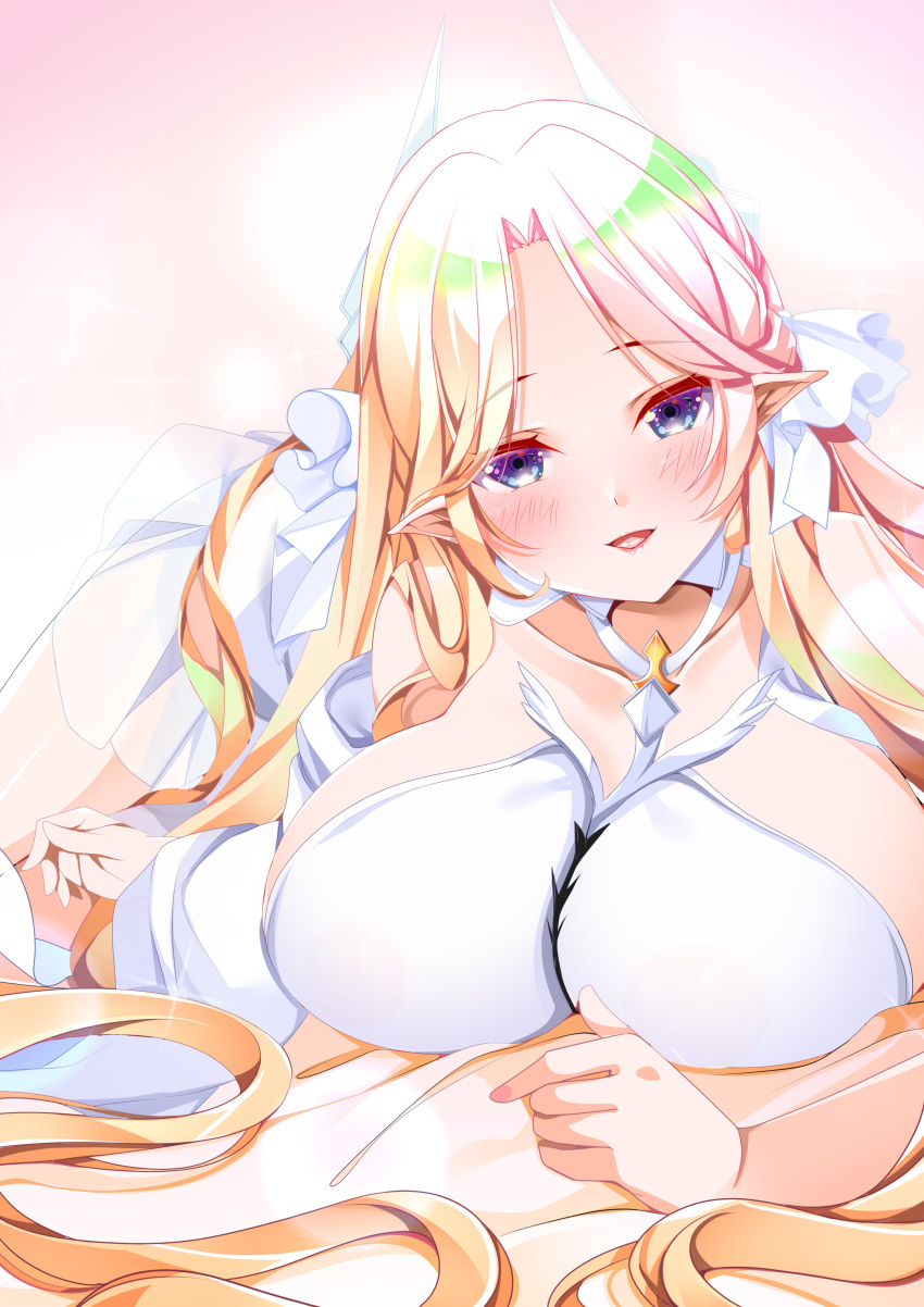 1girl absurdly_long_hair absurdres azur_lane blonde_hair blue_eyes breasts brest_(azur_lane) commentary_request dress hair_ribbon highres huge_breasts long_hair lying on_stomach open_mouth origami_aya pointy_ears ribbon see-through solo very_long_hair white_dress