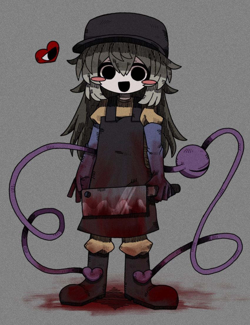 1girl alternate_costume alternate_headwear apron black_apron black_eyes black_footwear black_headwear blood blood_on_clothes blood_on_knife blood_on_weapon blood_stain blue_gloves blush blush_stickers boots butcher buttons elbow_gloves empty_eyes gloves green_hair grey_background hair_between_eyes hat heart heart_button highres holding holding_knife holding_weapon kitchen_knife knife komeiji_koishi long_hair looking_at_another open_mouth pants shirt simple_background third_eye touhou weapon yellow_pants yellow_shirt zunusama