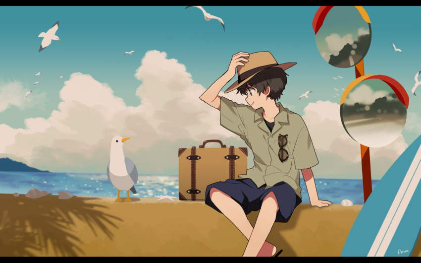 1boy adjusting_clothes adjusting_headwear animal arisa_(aren) arm_up artist_name bird black_hair brown_headwear closed_mouth cloud collared_shirt day grey_shirt hand_on_headwear hat looking_at_animal looking_to_the_side mirror ocean original outdoors profile purple_shorts seagull seaside shirt short_hair short_sleeves shorts signature sitting smile solo suitcase sunglasses surfboard traffic_mirror turning_head unworn_eyewear white_bird