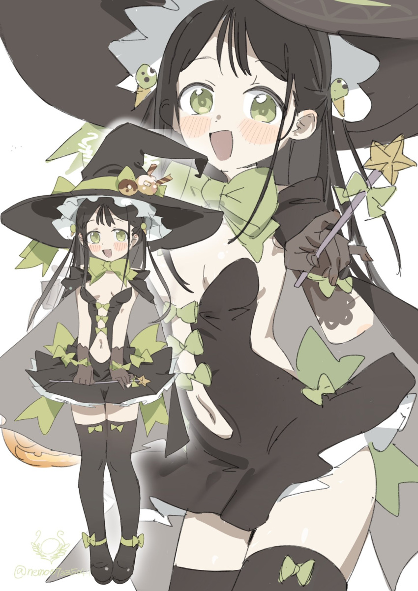 1girl airi_(blue_archive) alternate_costume black_gloves black_hair black_thighhighs blue_archive blush bow breasts gloves green_bow green_eyes green_halo halloween_costume halo hat highres holding holding_wand jack-o'-lantern large_hat long_hair looking_at_viewer multiple_views navel nemo_(leafnight) open_mouth revealing_clothes sleeveless small_breasts smile star_wand straight_hair thighhighs twitter_username wand white_background witch witch_hat zettai_ryouiki