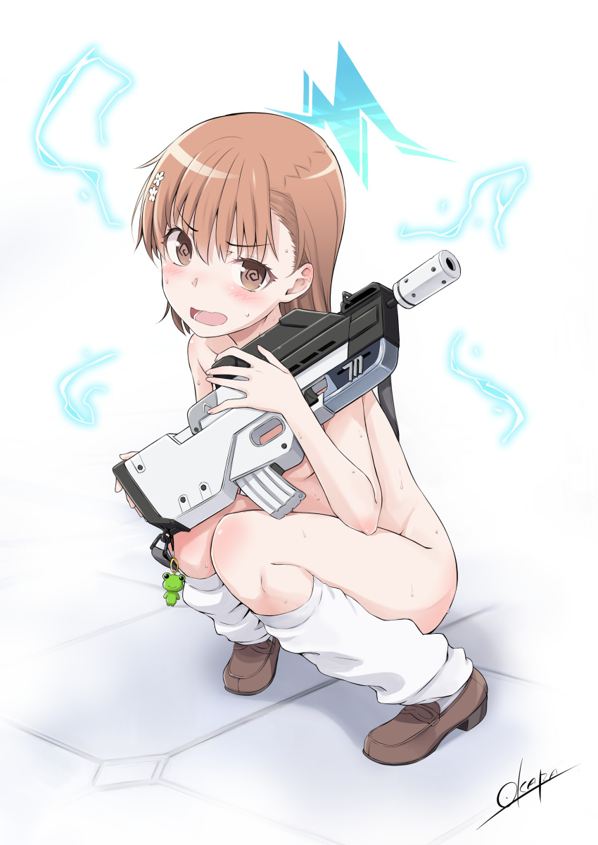 1girl @_@ absurdres assault_rifle blue_archive blue_halo blush brown_eyes brown_hair bullpup charm_(object) commentary_request covering_privates electricity electrokinesis fn_f2000 gekota gun halo highres holding holding_gun holding_weapon just_shoes lightning_bolt_symbol loafers looking_at_viewer loose_socks misaka_mikoto nude okara open_mouth psychic rifle shoes short_hair simple_background socks solo squatting toaru_kagaku_no_railgun toaru_majutsu_no_index weapon