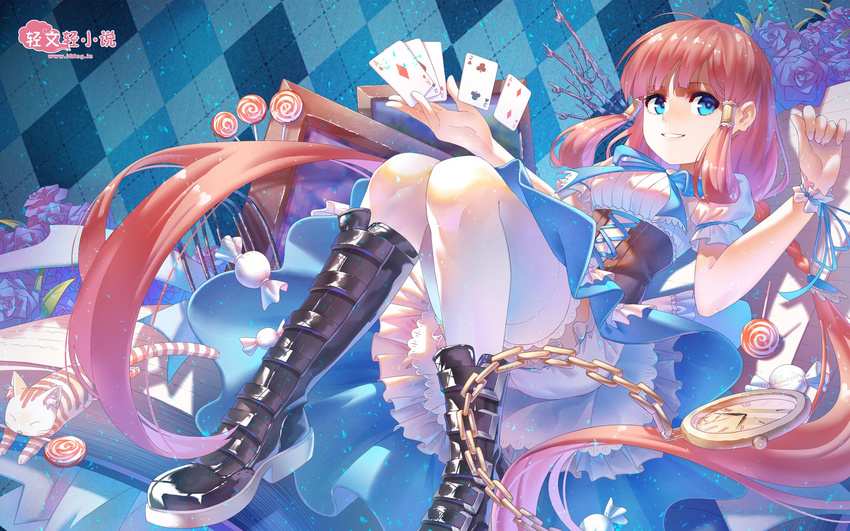 :d animal argyle argyle_background bangs black_footwear bloomers blue_background blue_dress blue_eyes blue_fire blue_flower blue_ribbon blue_rose blunt_bangs book boots braid breasts cage candy card cat chain club_(shape) corset cross-laced_clothes de_da_xianyu diamond_(shape) dress fire floating floating_card flower food frame hair_tubes heart highres knee_boots knees lace lace-trimmed_thighhighs light_particles lollipop long_hair mouth_hold open_book open_mouth original oversized_object palms pink_hair playing_card pocket_watch puffy_short_sleeves puffy_sleeves ribbon roman_numerals rose shadow short_dress short_sleeves small_breasts smile solo spade_(shape) swirl_lollipop thighhighs twin_braids twintails underwear upskirt very_long_hair wallpaper watch watermark web_address white_legwear wrist_cuffs