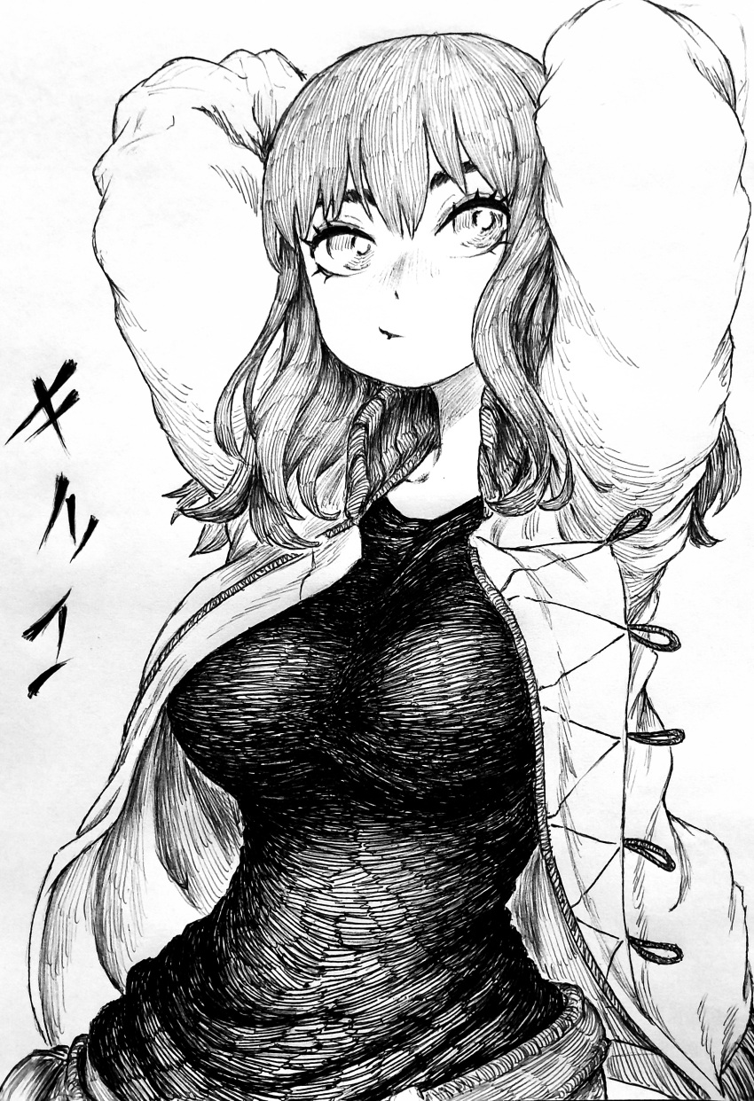 1girl :/ absurdres arms_behind_head arms_up breasts character_name chronozbergh closed_mouth greyscale hair_between_eyes hatching_(texture) highres jacket kiruko_(tengoku_daimakyou) large_breasts linear_hatching long_sleeves looking_at_viewer medium_hair monochrome open_clothes open_jacket shirt simple_background solo t-shirt tengoku_daimakyou upper_body