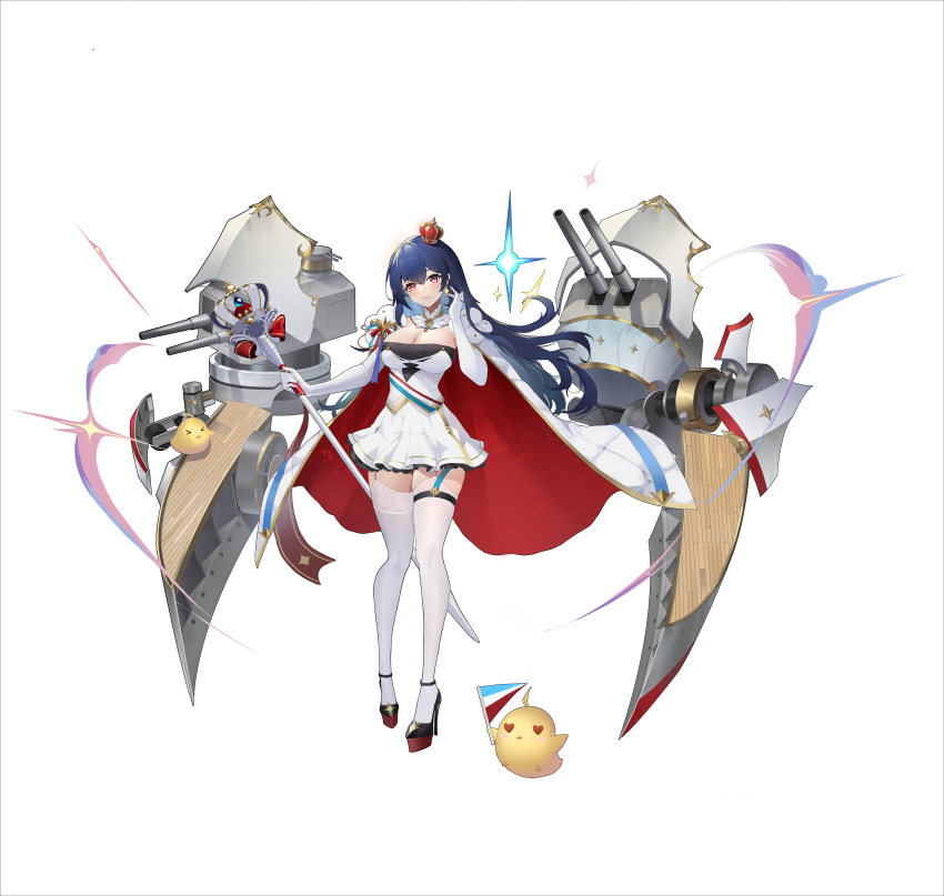 &gt;_&lt; 1girl absurdres artillery azur_lane black_footwear blue_hair breasts cape cleavage commentary_request crown dress elbow_gloves flag fleur-de-lis garter_straps gloves heart high_heels highres holding holding_flag holding_scepter lace-trimmed_thighhighs large_breasts long_hair looking_at_viewer manjuu_(azur_lane) microdress mini_crown original rigging scepter shoes short_dress simple_background solo thighhighs turret white_background white_dress white_garter_straps white_gloves white_thighhighs wuyawu