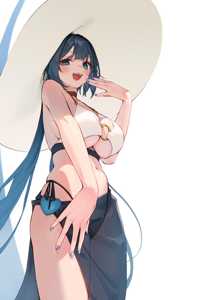 1girl :d absurdres amused aqua_eyes bikini black_bikini_bottom blue_hair blue_sarong blush breasts dark_blue_hair djmax djmax_respect hat highleg highleg_bikini highres large_breasts large_hat lena_(djmax) long_hair looking_at_viewer mismatched_bikini open_mouth ponytail sarong see-through_sarong side-tie_bikini_bottom simple_background smile solo sun_hat swimsuit tai_(e3d1p) tapsonic_top teeth underbust upper_teeth_only white_background white_bikini