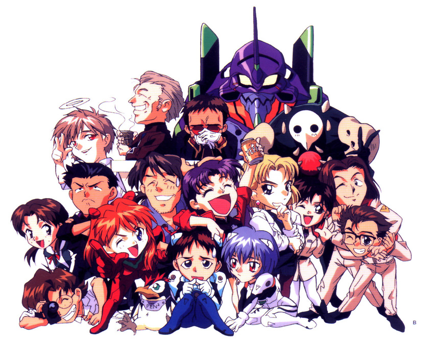 6+girls 90s aida_kensuke akagi_ritsuko alcohol aoba_shigeru artist_request beer chibi eva_01 everyone fuyutsuki_kouzou horaki_hikari hyuuga_makoto ibuki_maya ikari_gendou ikari_shinji kaji_ryouji katsuragi_misato multiple_boys multiple_girls nagisa_kaworu neon_genesis_evangelion one_eye_closed pantyhose penpen sachiel souryuu_asuka_langley suzuhara_touji