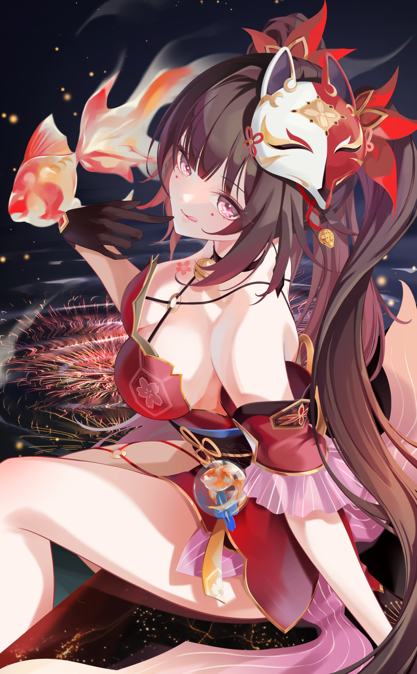 1girl :q absurdres bare_shoulders bell black_gloves black_hair black_sash breasts brown_hair butterfly-shaped_pupils choker cleavage criss-cross_halter detached_sleeves dress fireworks fish flower_tattoo fox_mask from_side gloves goldfish halterneck highres honkai:_star_rail honkai_(series) jingle_bell kns_hanazuna licking_lips long_hair looking_at_viewer mask mask_on_head medium_breasts mole mole_under_each_eye mole_under_eye multiple_moles neck_bell obi pink_eyes red_dress sash sitting solo sparkle sparkle_(honkai:_star_rail) tattoo tongue tongue_out twintails very_long_hair