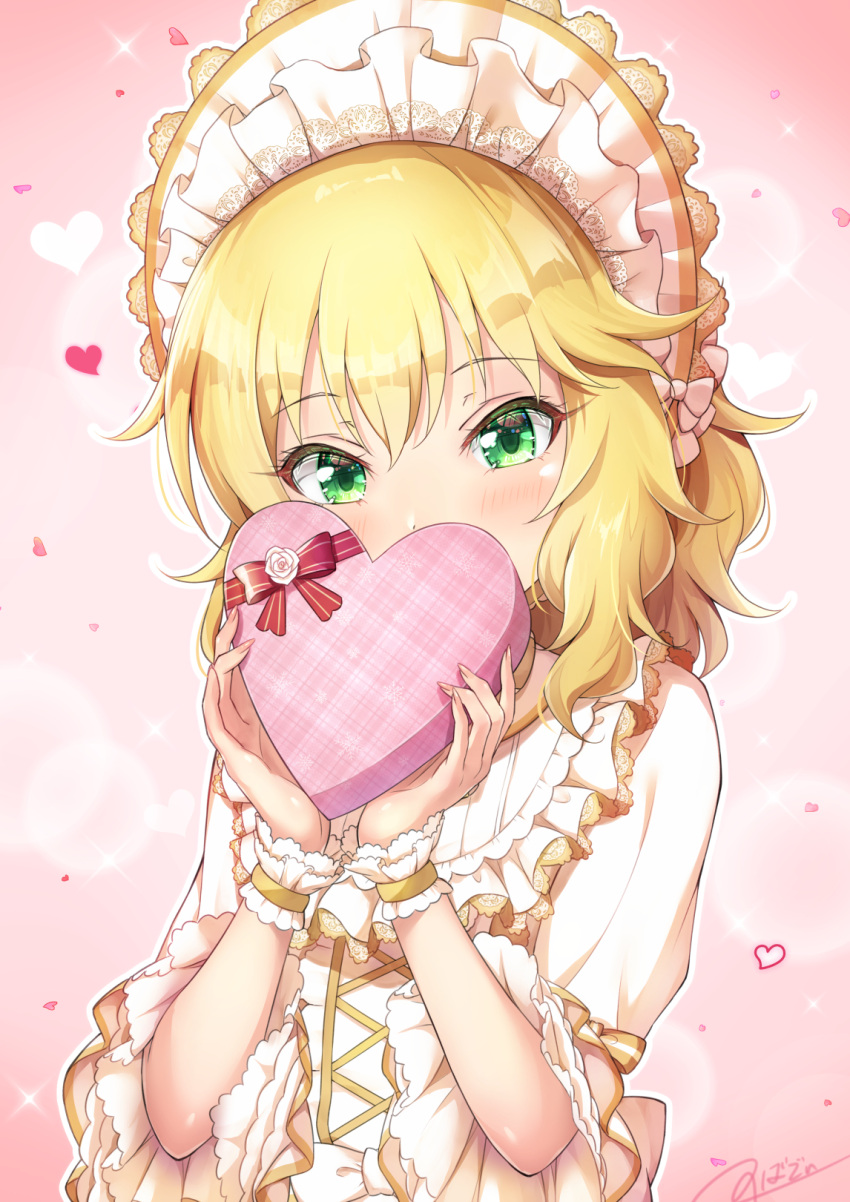 1girl blonde_hair bonnet bow box box_of_chocolates center_frills covering_own_mouth cross-laced_clothes cross-laced_dress dress fingernails flower frilled_bonnet frilled_dress frilled_headwear frills heart heart-shaped_box highres holding holding_box idolmaster idolmaster_cinderella_girls idolmaster_cinderella_girls_u149 light_blush medium_hair novady pink_background pink_bow red_ribbon ribbon rose sakurai_momoka signature valentine wavy_hair white_flower white_rose wide_sleeves wrist_cuffs yellow_dress