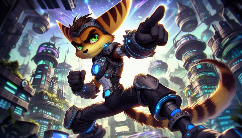 ai_assisted anthro city city_background fur green_eyes hi_res holoflux_armor jawad_al_mherat lombax male mammal ratchet ratchet_and_clank solo sony_corporation sony_interactive_entertainment spread_legs spreading striped_body striped_fur stripes yellow_body yellow_fur