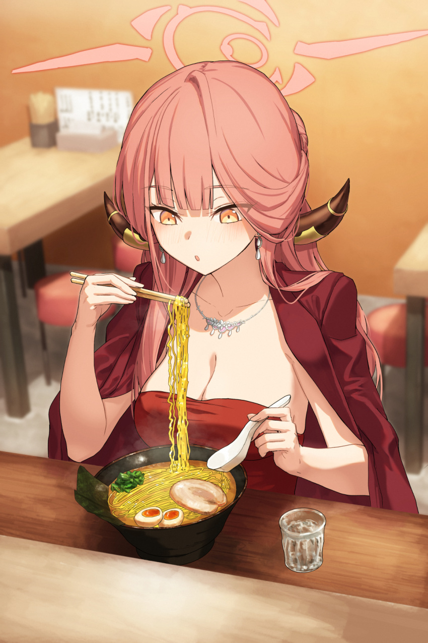 1girl aru_(blue_archive) aru_(dress)_(blue_archive) blue_archive blush bowl breasts chopsticks cleavage coat coat_on_shoulders collarbone cup dress earrings elbow_gloves food gloves halo highres horns jewelry kamo_ashi large_breasts long_hair necklace noodles official_alternate_costume open_mouth pink_hair ramen red_coat red_dress solo spoon table water white_gloves yellow_eyes