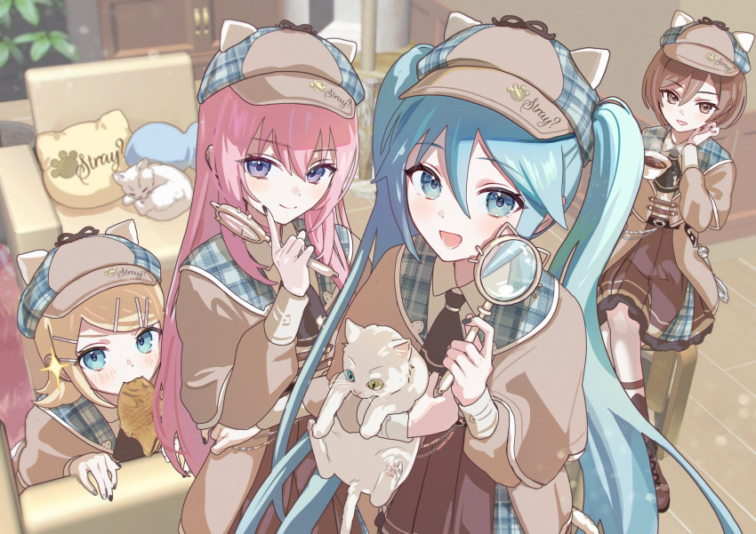 4girls animal animal_ear_headwear animal_ears animal_hat aqua_eyes aqua_hair black_necktie blonde_hair blue_eyes blurry blurry_background blush bob_cut boots brown_capelet brown_coat brown_eyes brown_hair brown_headwear capelet cat cat_ears cat_hat cat_tail closed_mouth coat collared_shirt couch cross-laced_footwear crossed_legs cup deerstalker detective dot_nose eyelashes fake_animal_ears food from_above gloves hair_between_eyes hair_ornament hairclip hat hatsune_miku heterochromia highres holding holding_animal holding_cat holding_cup holding_magnifying_glass indoors kagamine_rin lace-up_boots long_bangs long_hair long_sleeves looking_at_viewer magnifying_glass megurine_luka meiko_(vocaloid) mouth_hold multiple_girls nail_polish necktie open_mouth parted_bangs pillow pink_hair plaid_capelet plant pleated_skirt potted_plant project_sekai purple_eyes ribbon shirt short_hair sidelocks skirt smile tail taiyaki teacup twintails very_long_hair vocaloid vs0mr wagashi whiskers white_cat