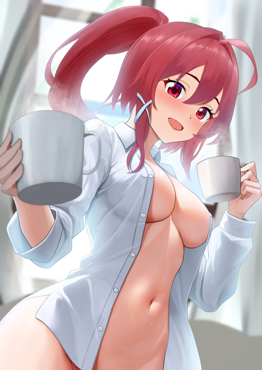 1girl blush borrowed_clothes breasts coffee_mug cup day dorachan_r hair_ribbon highres i-168_(kancolle) indoors kantai_collection long_hair looking_at_another medium_breasts mug naked_shirt open_mouth ponytail red_eyes red_hair ribbon shirt smile window