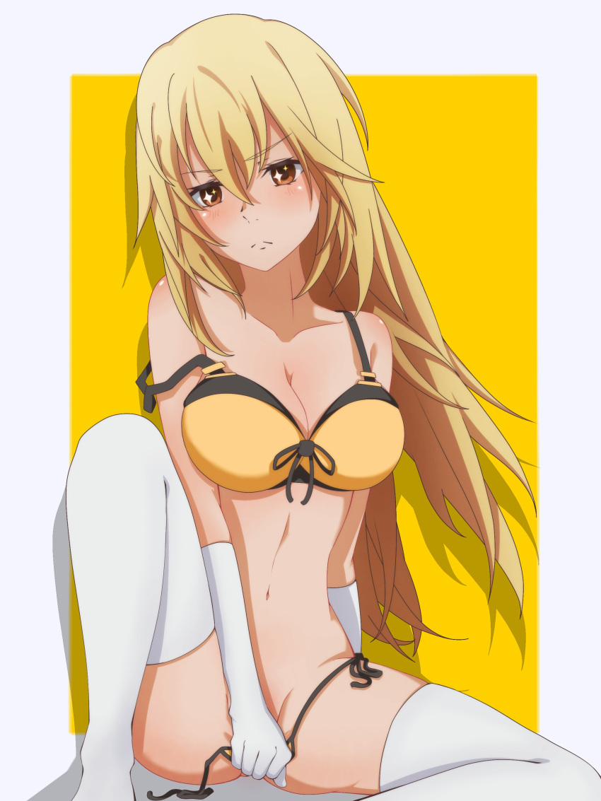 absurdres bikini bikini_bottom_aside blonde_hair blush border breasts cleavage clothing_aside collarbone embarrassed frown furrowed_brow gloves groin highres hip_bones holding holding_clothes holding_swimsuit large_breasts long_hair looking_at_viewer navel railtracer8888 shokuhou_misaki sitting star-shaped_pupils star_(symbol) stomach swimsuit symbol-shaped_pupils thighhighs thighs toaru_kagaku_no_railgun toaru_majutsu_no_index two-tone_bikini very_long_hair white_border white_gloves white_thighhighs yellow_background yellow_eyes